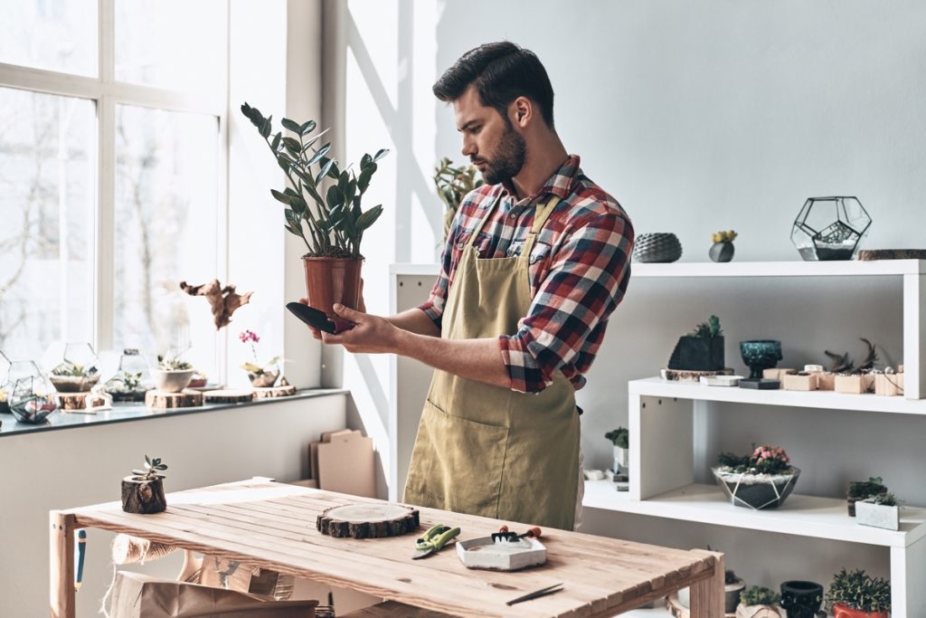 Small business owner. Handsome young man in apron holding potted plant while standing in small garden center